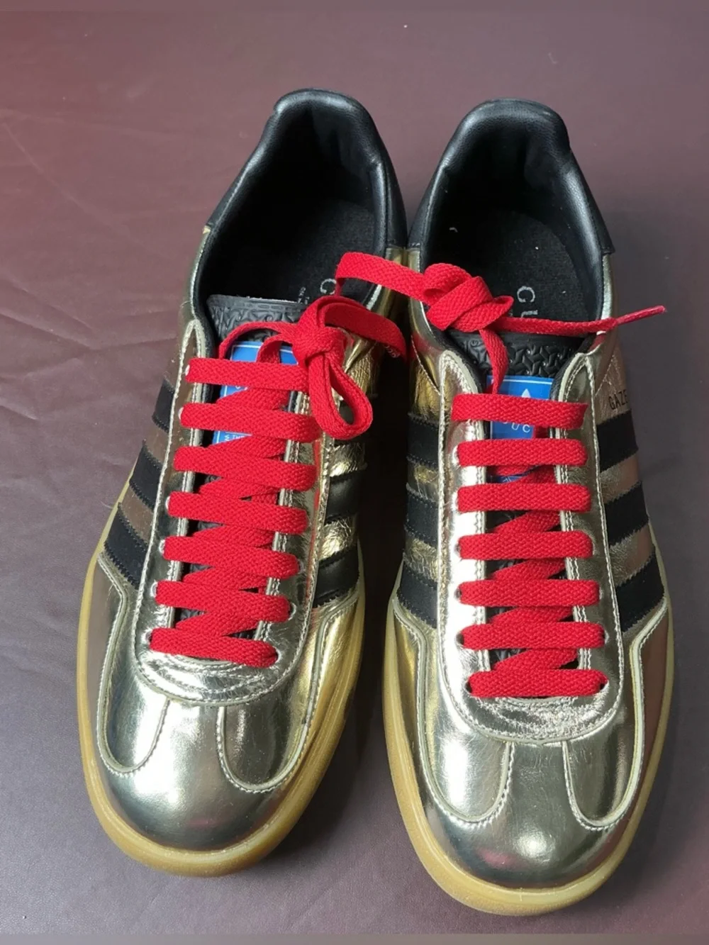 adidas Gold Metallic Sneakers with Red Laces and Black Stripes - Picture 3 of 8